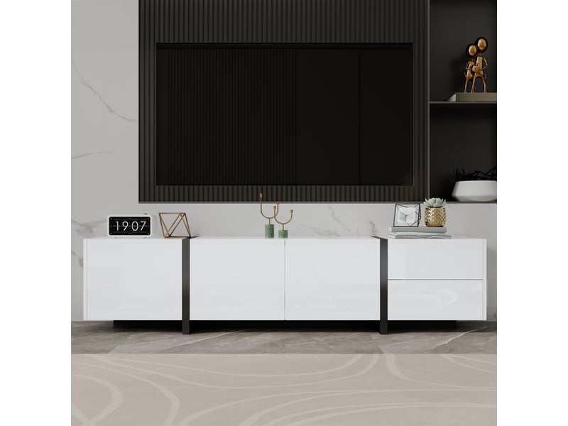 Meuble tv blanc et noir 170 cm laqué avec pieds noirs, 3 portes et 1 tiroir pour salon - Conforama E