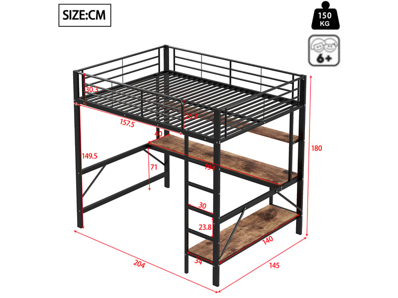  Lit mezzanine enfant 140x200 cm – noir – bureau avec étagères, led, usb et prise intégrés - sans matelas  - Conforama C