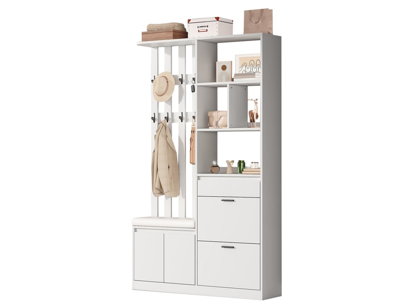 Meuble d'entrée avec banc rembourré, 2 portes, 2 abattants à chaussures, tiroir et 10 patères, 120 × 30 × 200 cm  - Conforama A