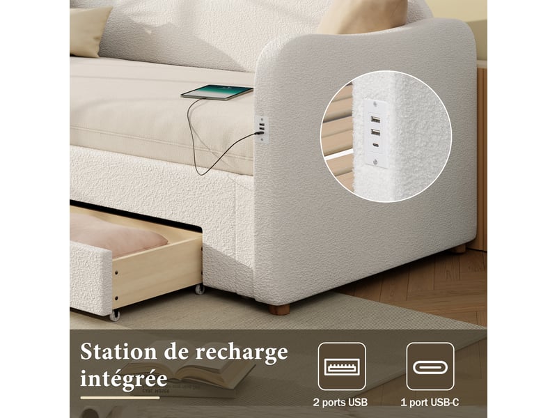  Lit enfant extensible 90-180x200 cm avec 2 tiroirs et usb, lit simple rembourré en bouclette beige BUYDEEMEUS - Conforama E