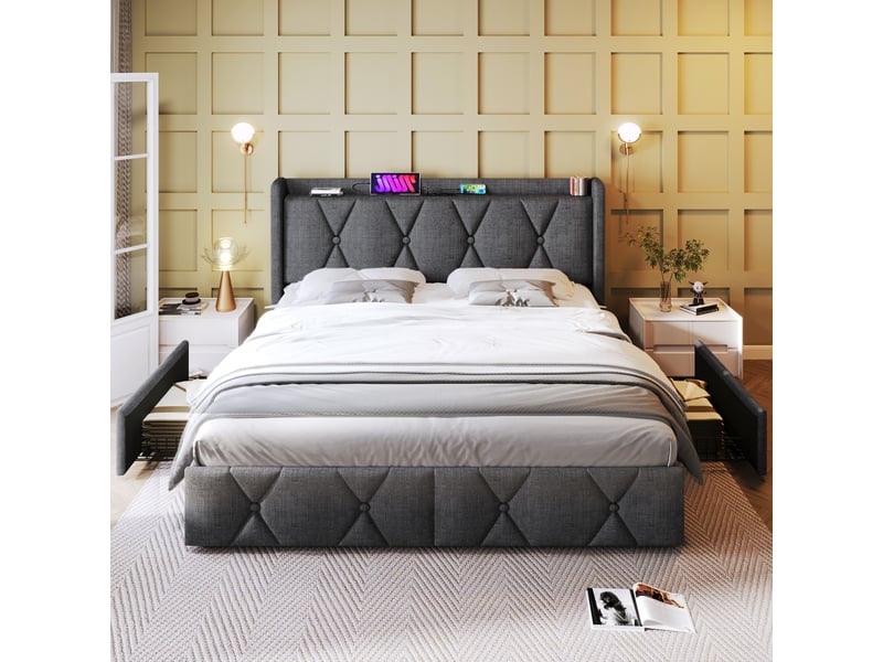 Lit coffre gris 160x200 cm avec chargeur usb intégré, 4 tiroirs, sommier bois - sans matelas - Conforama B