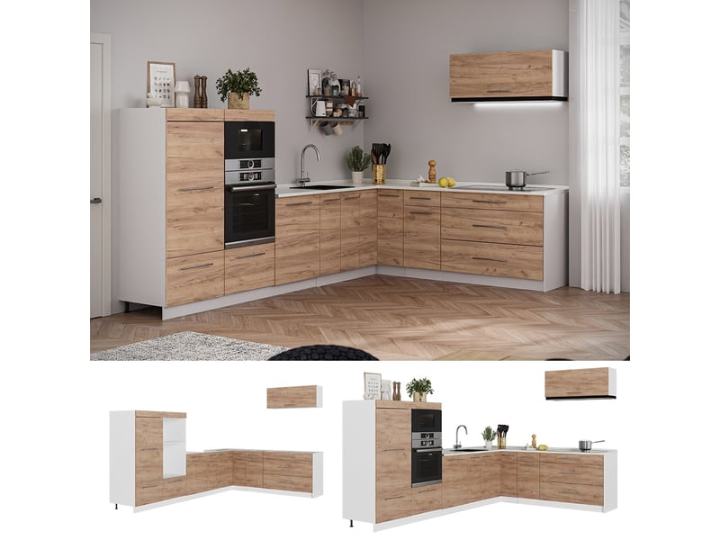  Vicco cuisine en angle, chêne de force doréblanc, 327 x 227 cm, pt anthracite  - Conforama C