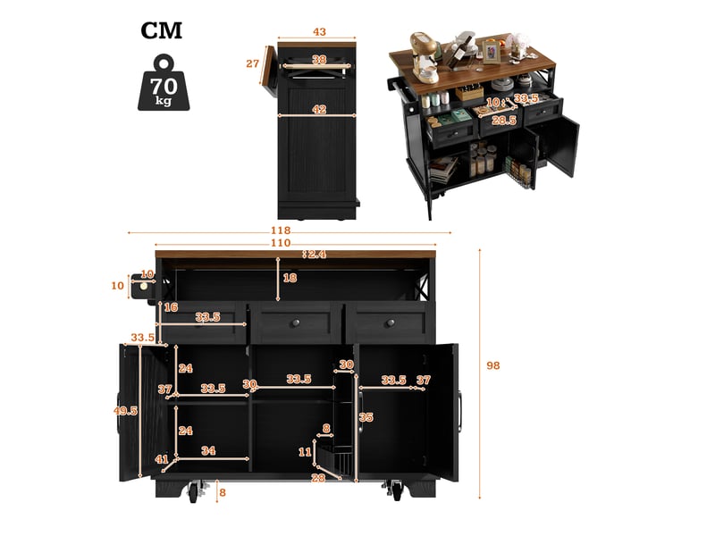 Îlot de cuisine 118x43x98 cm plateau rabattable métal mdf noir - Conforama C