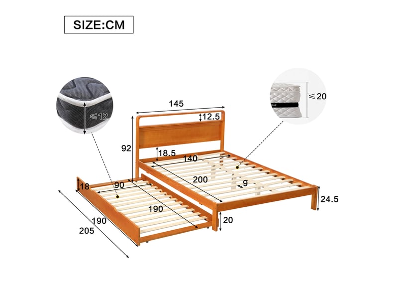  Lit 2 places, 140x200 cm, lit gigogne 90x190 cm, tête arrondie, espace nuit, matelas non inclus, bois, coloris naturel  - Conforama C
