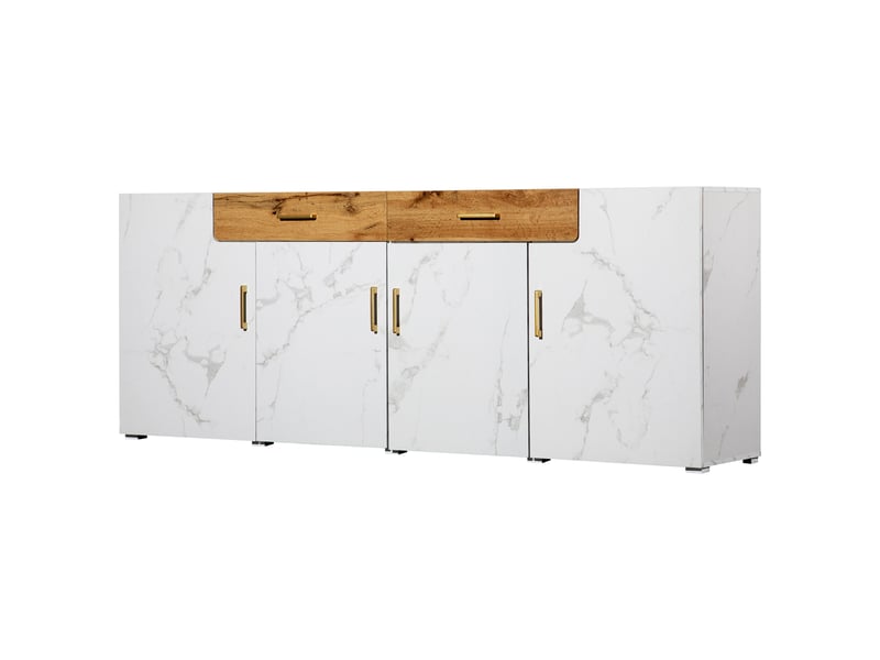 Buffet de cuisine blanc 208x39,5x80 cm, meuble rangement avec 4 portes et 2 tiroirs, structure panneaux de particules - Conforama A