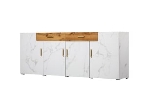 Buffet de cuisine blanc 208x39,5x80 cm, meuble rangement avec 4 portes et 2 tiroirs, structure panneaux de particules
