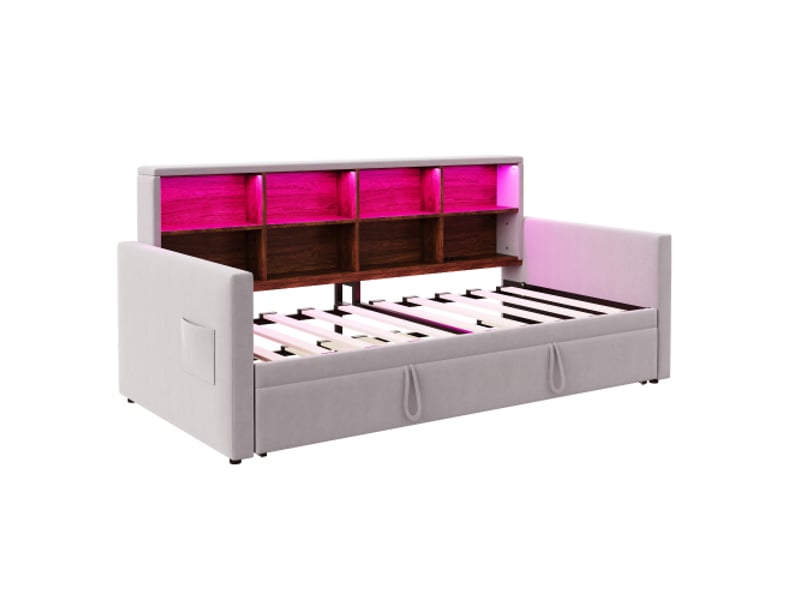  Canapé-lit 90x190 cm avec tête de lit et rangements – led et usb – velours gris clair  - Conforama D