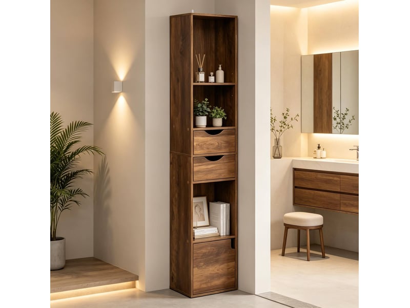 Bibliothèque étroite 30 cm avec 3 niches, 2 tiroirs et 1 porte, marron - Conforama D