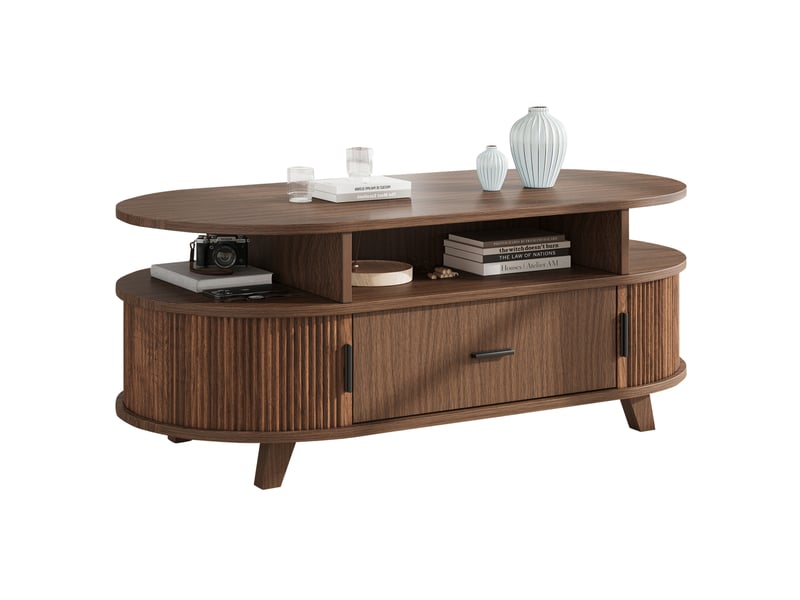  Table basse ovale 100x50x40 cm avec tiroir et rangements coloris noyer  - Conforama A