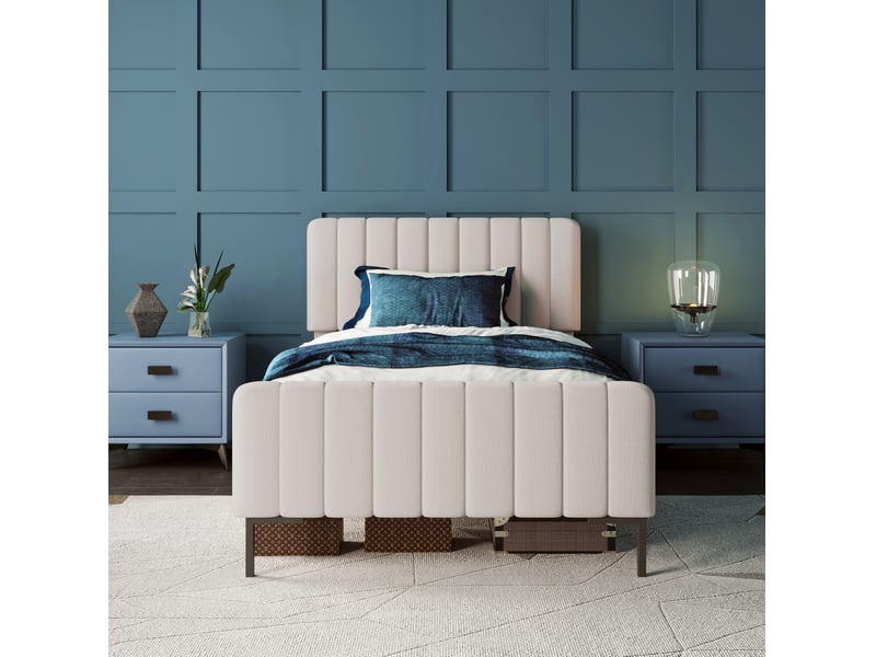  Lit simple enfant 90x190 cm gris beige clair lin, tête de lit réglable, sommier à lattes inclus  - Conforama B