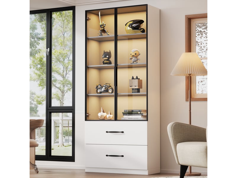  Vitrine en verre avec éclairage led, bibliothèque blanche avec portes en verre et 2 tiroirs, meuble vitrine 60x40x160 cm.  - Conforama B