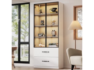 Vitrine en verre avec éclairage led, bibliothèque blanche avec portes en verre et 2 tiroirs, meuble vitrine 60x40x160 cm.
