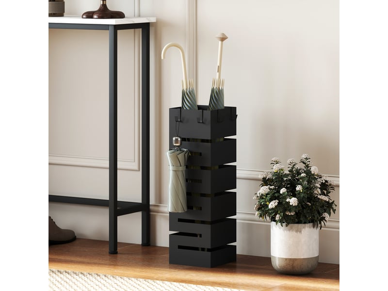  Porte-parapluies d'intérieur en métal avec 4 crochets, bac égouttoir amovible, peut contenir 8 parasols, noir  - Conforama D