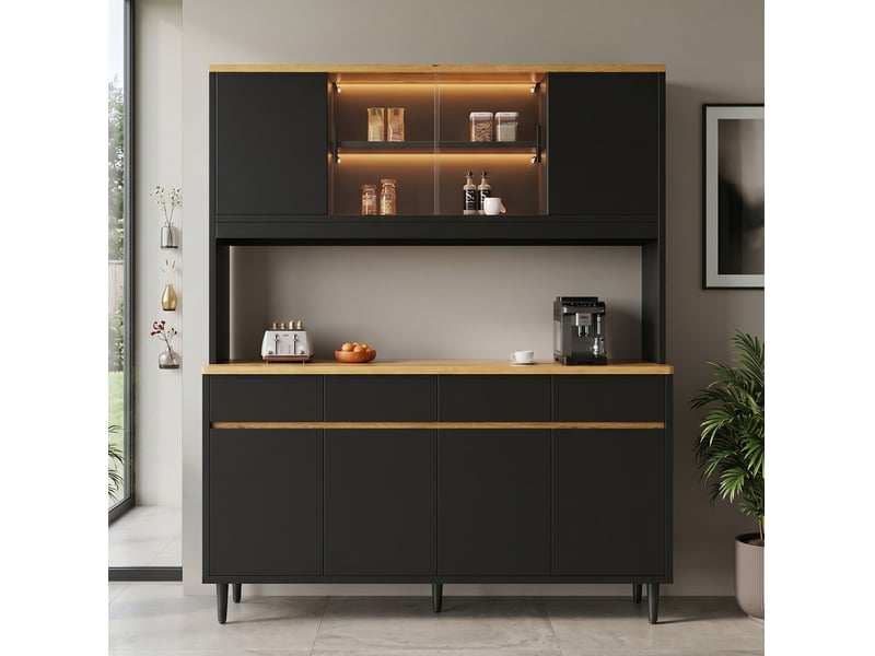  Buffet de cuisine 160x40x185 cm avec led et usb, 4 tiroirs et 8 portes, coloris noir et chêne  - Conforama E