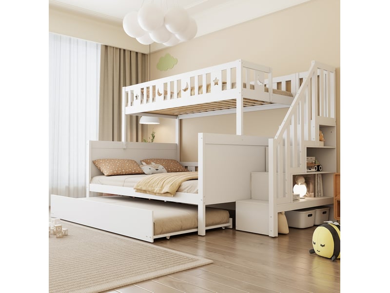  Lit superposé enfant 90 x 200 et 140 x 200 cm avec escalier et lit gigogne, blanc  - Conforama E