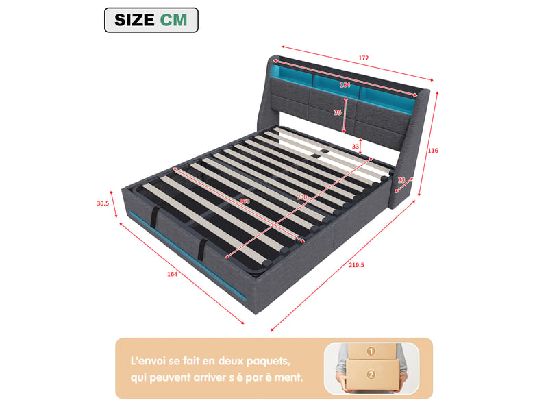  Lit double 160 x 200 cm avec led et charge usb tpye c, lit coffre lit rembourré hydraulique avec sommier, 2 personnes, lin gris, lit coffre 160x200 cm, avec sommier led et usb type c, lit rembourré avec rangement hydraulique, li…  - Conforama E