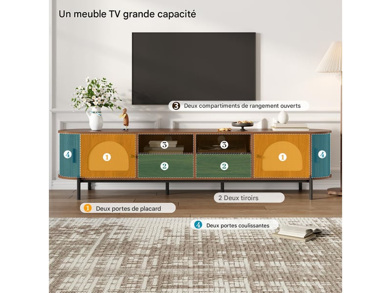  Meuble tv avec portes en rotin et tiroirs mdf coloris noyer 200x40x49.5 cm - pangivo  - Conforama E