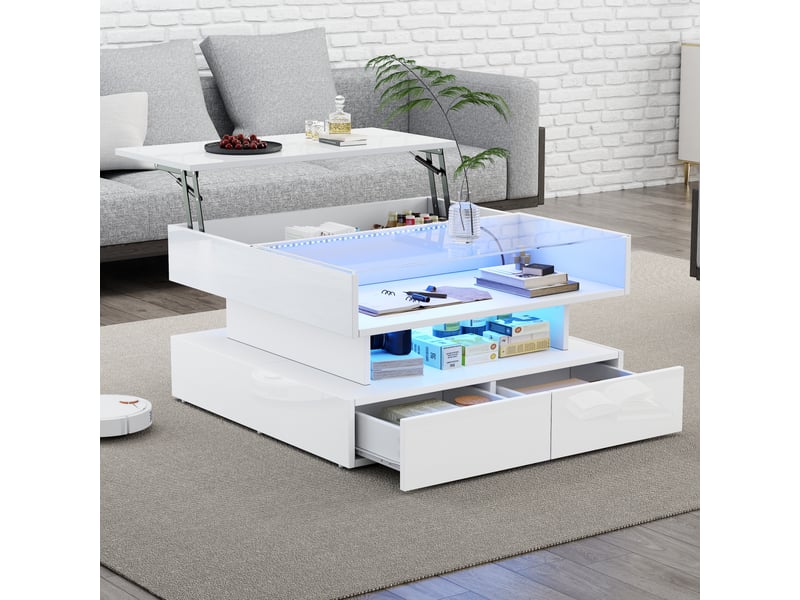  Table basse elevable carrée blanc - 80x80 cm led panneau de particules table basse blanc - Conforama E