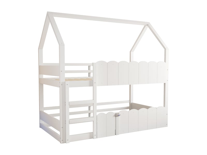 Lit superposé pour enfants 90 × 200 cm, en forme de maison, équipé de barrières de sécurité surélevées, blanc - Conforama R