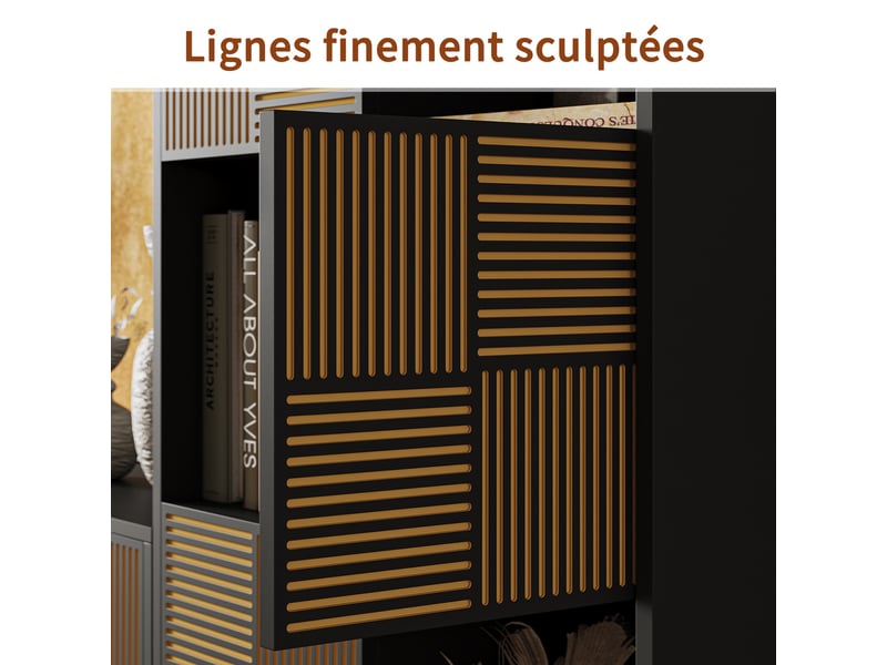 Bibliothèque 8 cases - 60x30x125cm - meuble de rangement modulaire étagères ouvertes & portes cannelées - noir - Conforama D
