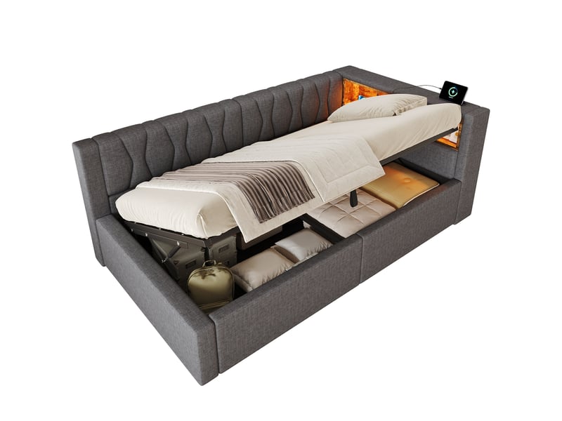  Lit de jour, canapé-lit, 90 x 200 cm, sans matelas, suspension hydraulique, avec bande led à intensité variable, étagère pratique et port usb, gris  - Conforama E