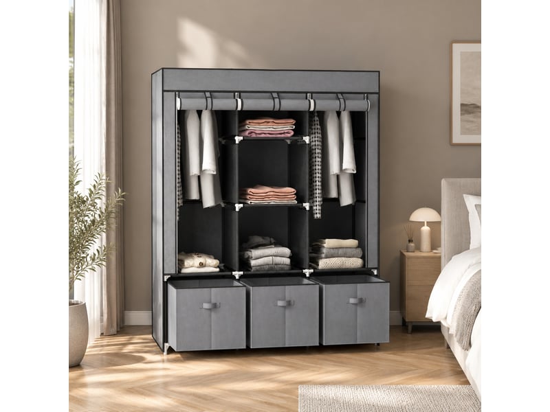  Armoire avec 2 penderies, 5 étagères et 3 tiroirs, housse zippée pour chambre, acier gris foncé, 125×43×162,5 cm  - Conforama B