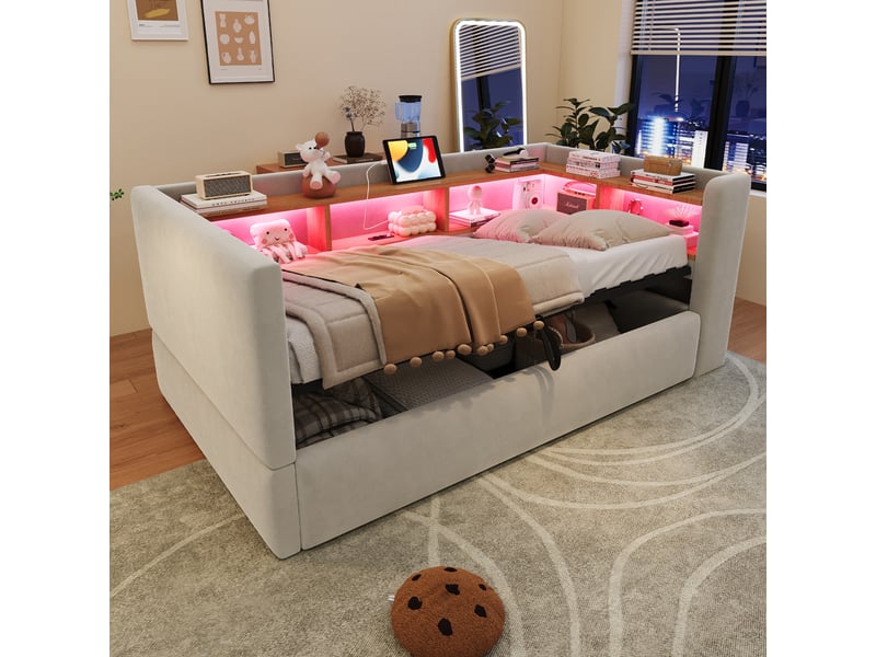  Canapé-lit 90x190 cm, lit enfant, couchage d'appoint, rangement hydraulique, gris clair, led  - Conforama A