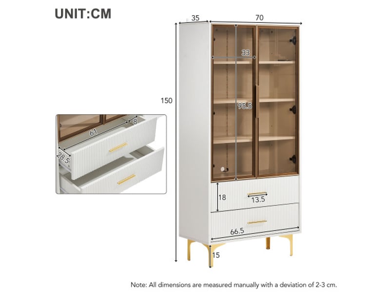  Meuble rangement salon lot de 2 vitrines blanches led, portes vitrées, étagères réglables, 80x40x160 et 70x35x150 cm  - Conforama E