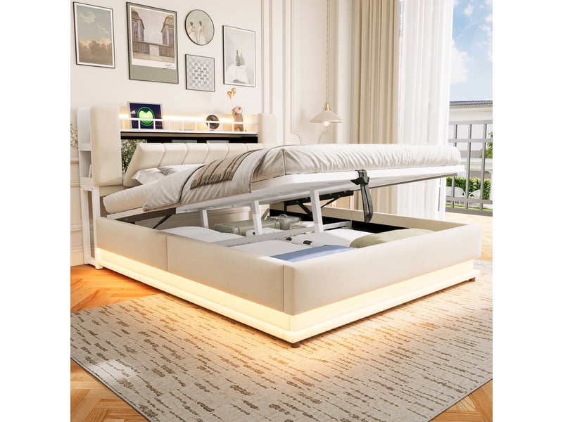  Lit coffre capitonné 160 x 200 cm - avec éclairage led - avec port usb - velours - beige (matelas non inclus)  - Conforama E
