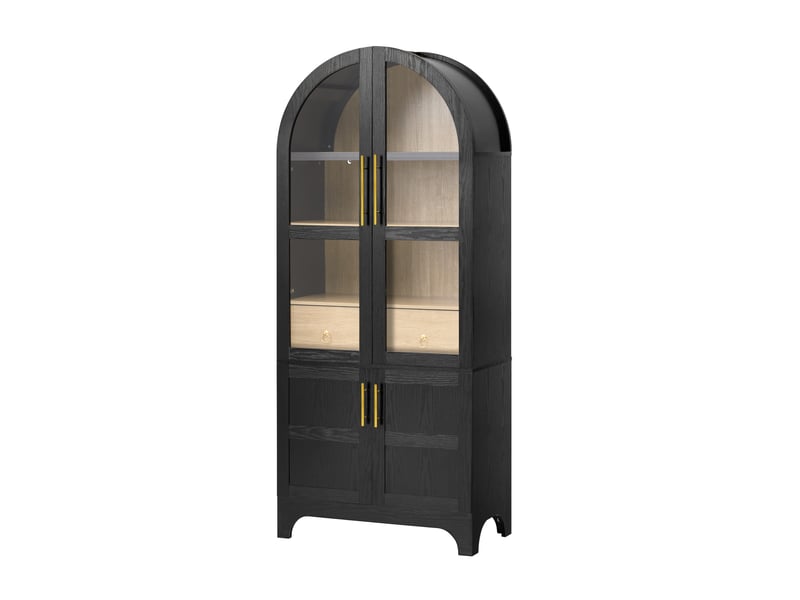  Buffet haut 76x40x180 cm en mdf et verre noir, avec tiroir et rangements, style moderne  - Conforama A