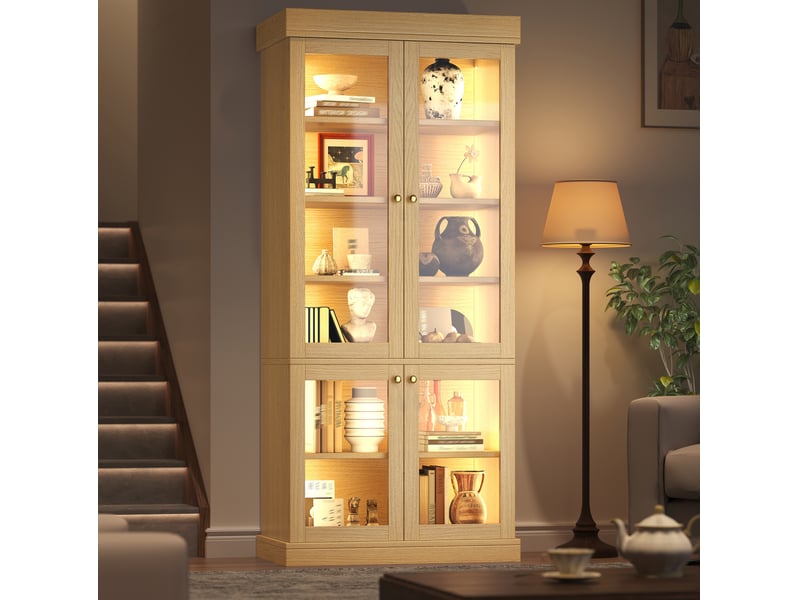 Vitrine avec 2 portes vitrées, étagères réglables et éclairage led pour salon en mdf bois naturel 80 × 40 × 180 cm  - Conforama D