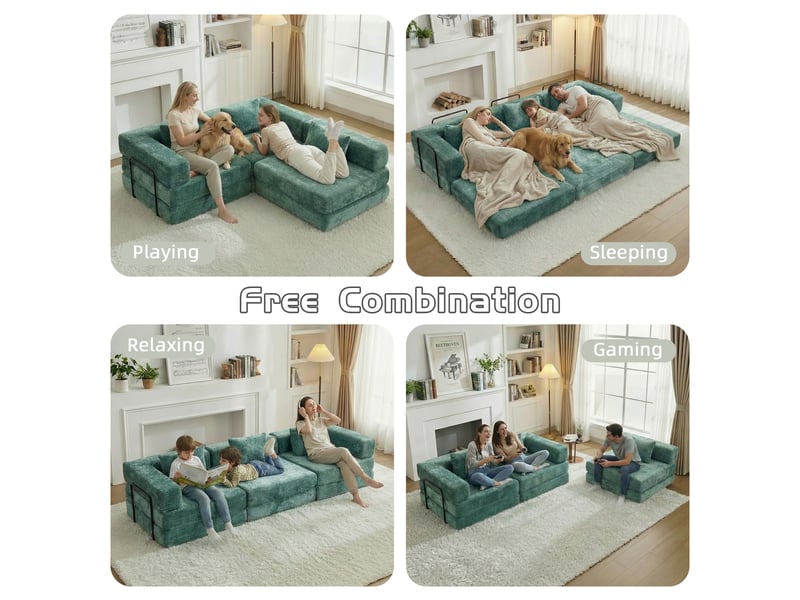 Canapé-lit compressé convertible 3 places, cadre fixe, modulable sans armature, chenille, sans montage, vert foncé - Conforama D