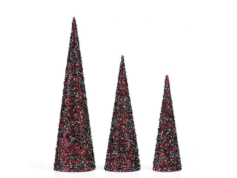 Cônes de noël krist+ bleu fuchsia pailletés lot de 3 S3612042 - Conforama A