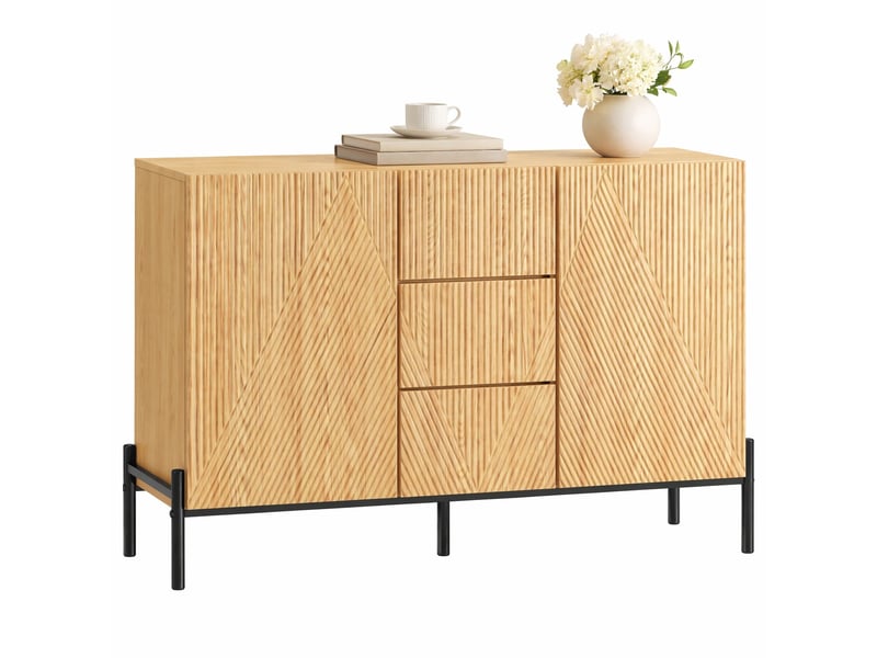 Buffet 2 portes avec tiroir central et pieds en métal - lpospi - façade géométrique mdf naturel 115,5 × 40 × 76 cm - Conforama A