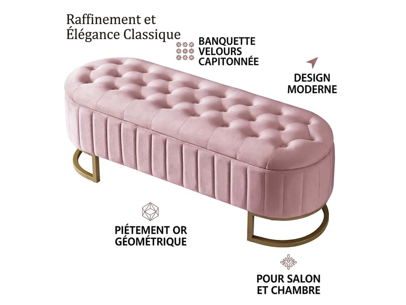  Banc de rangement rose 120 cm en velours avec coffre et pieds en métal  - Conforama D
