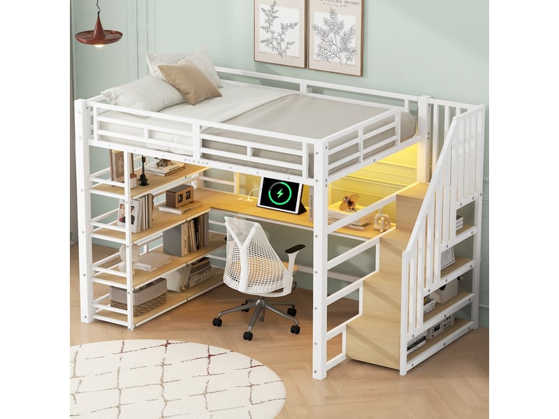 Lit mezzanine 140x200 cm blanc, avec bureau, rangements, escalier de rangement, 4 étagères, led, usb, structure métal, sommier inclus, sans matelas - Conforama W