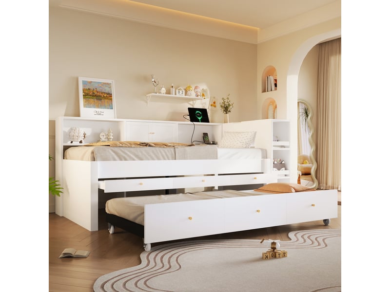 Lit gigogne en bois avec rangement, 3 tiroirs et prise usb, blanc – 90 x 200 cm IKSETERA TRADING LTD - Conforama D