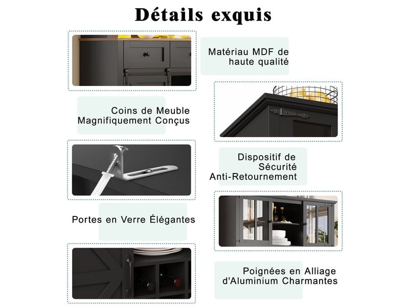  Buffet haut cuisine avec éclairage led -3 tiroir - casier à vin amovible - armoire 105 × 38,4 × 180 cm - meuble rangement noir  - Conforama D
