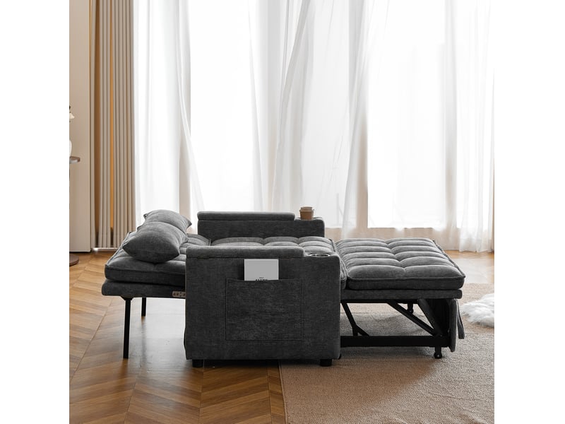  Canapé convertible 3 en 1 142 x 89 x 89 cm gris en chenille, avec rangements et porte-gobelets  - Conforama E
