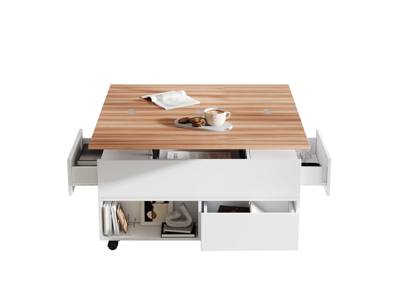  Table basse relevable à roulettes 100x50 cm, 4 tiroirs, blanc et chêne  - Conforama A