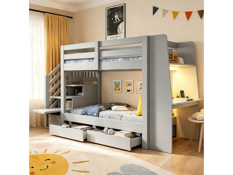  Lit superposé 90x200 cm - avec éclairage led - avec rangement - en bois - gris CARDUME ESTIVAL - Conforama E