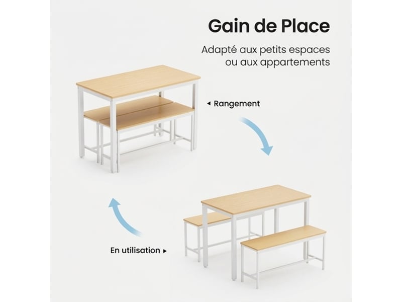  Ensemble table à manger 110x60 cm et 2 bancs, 4 personnes, style industriel naturel et blanc  - Conforama D
