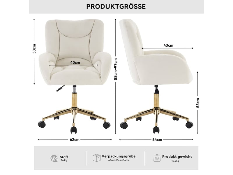  Chaise de bureau en velours beige à hauteur réglable, base métal doré et roulettes 360°, confort au quotidien  - Conforama C