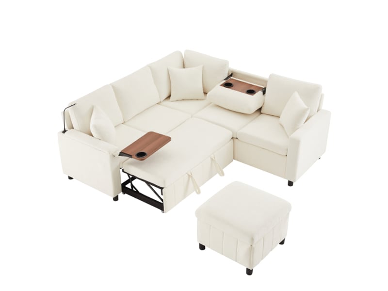 Canapé d'angle chenille beige 205x205x85 cm – couchage, ottomane, lampe, usb-c, table cachée et table basse extensible - Conforama D