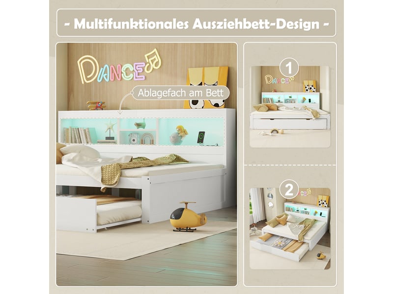  Canapé-lit 140x200 blanc avec lit gigogne extensible, éclairage led, prise usb et rangement  - Conforama E