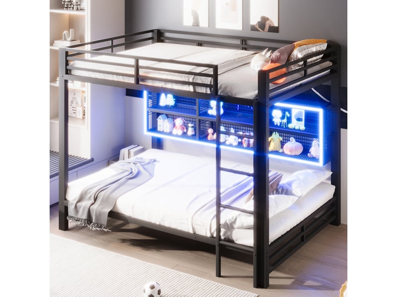  Lit superposé 140x200 cm avec armoires de rangement lit enfant avec éclairage led, lit adulte, noir  - Conforama C