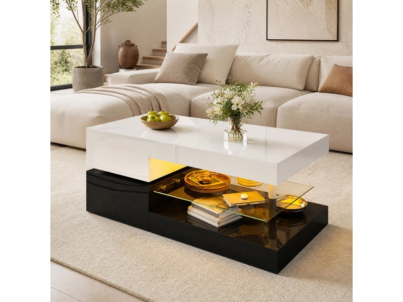  Table basse ulevr led 90 x 45 x 35,5 cm avec contrôle app et bluetooth, tablette en verre, finition brillante noir et blanc  - Conforama B