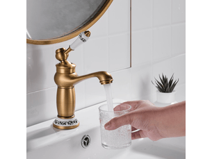 Robinet pour lavabo de salle de bain, robinet vintage en laiton porcelaine bleu et blanc (court)