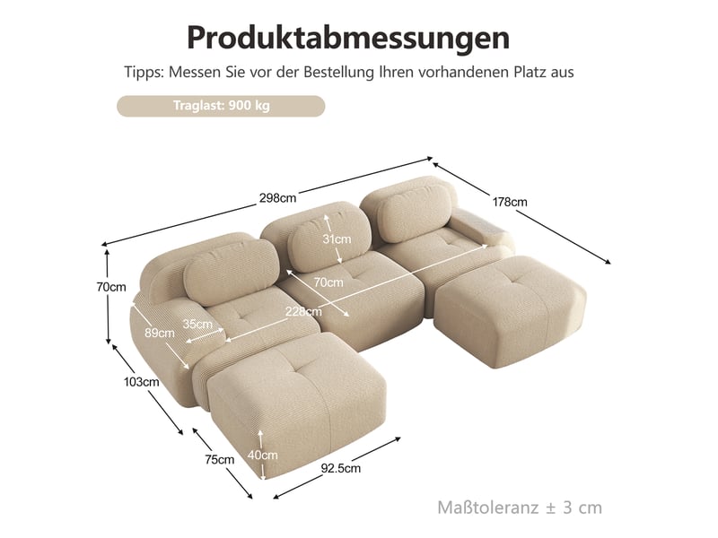  Canapé 3 places d’angle panoramique en velours côtelé beige, largeur 298 cm, sans cadre W3325S00036 - Conforama E