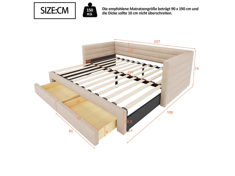  Lit gigogne 90x190 cm convertible en lit double, 2 tiroirs, en coton et lin beige  - Conforama E